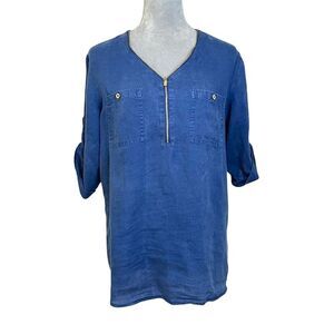 Ellen Tracy Women's Linen Blue Roll Tab Sleeve Tunic Blouse M Quarter Zip